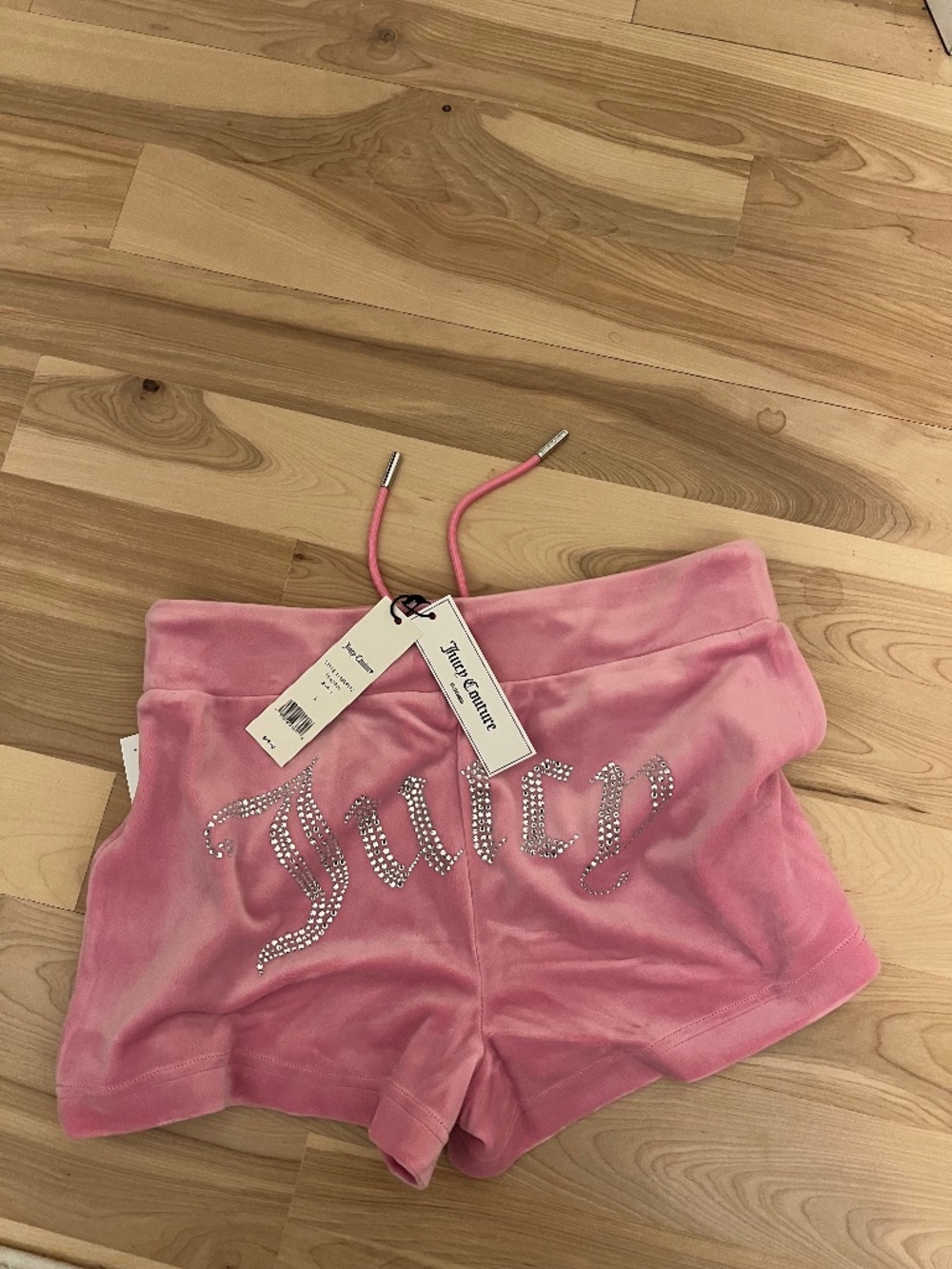 Juicy Couture Pink Rhinestone Logo Velour Shorts